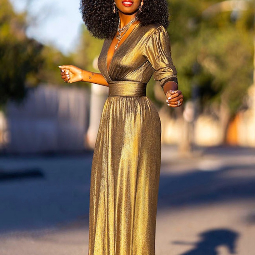 Jumpsuit Deep V-neck Three-Quarter Sleeves High Waist Wide Leg Oe-piece - Picture 6 of 7